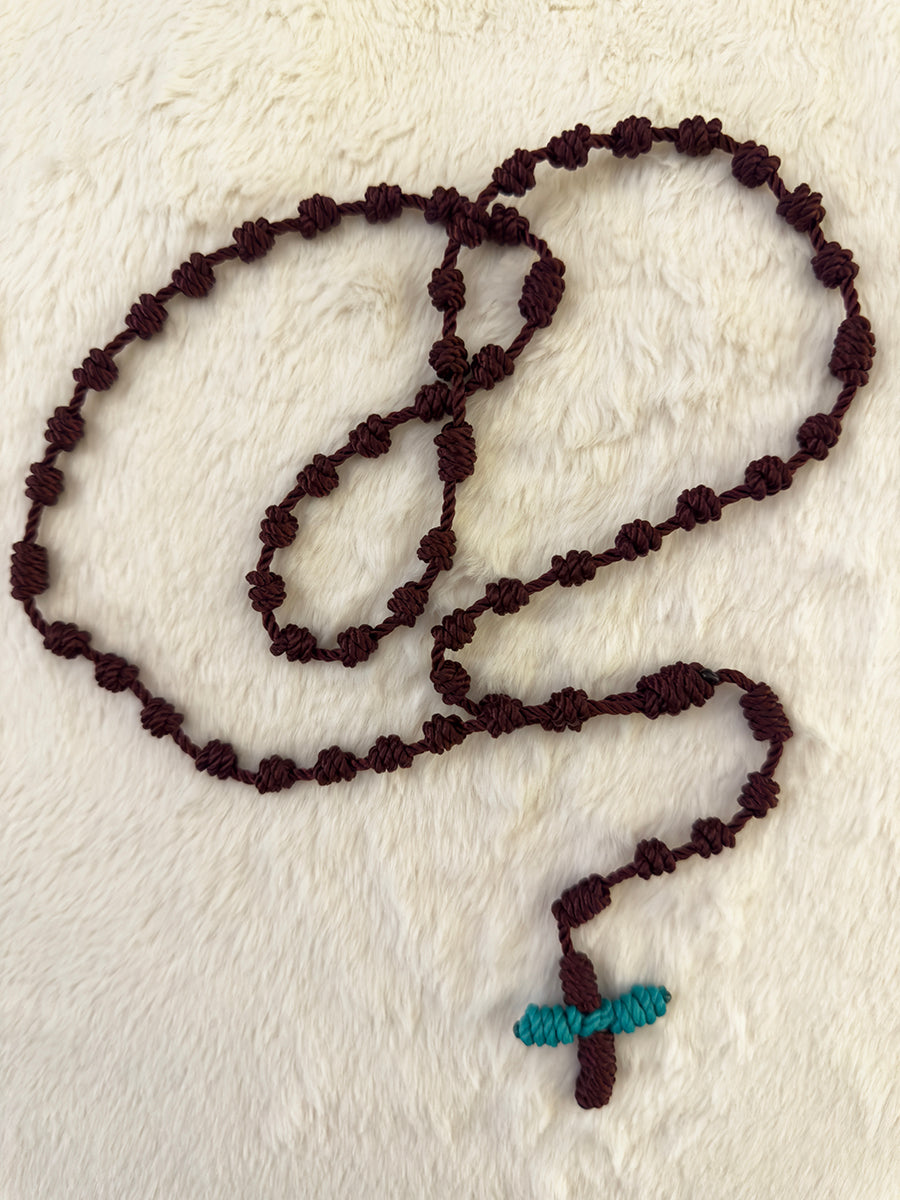 Dark Maroon Handmade Catholic Rope Rosary with Turquoise Cross