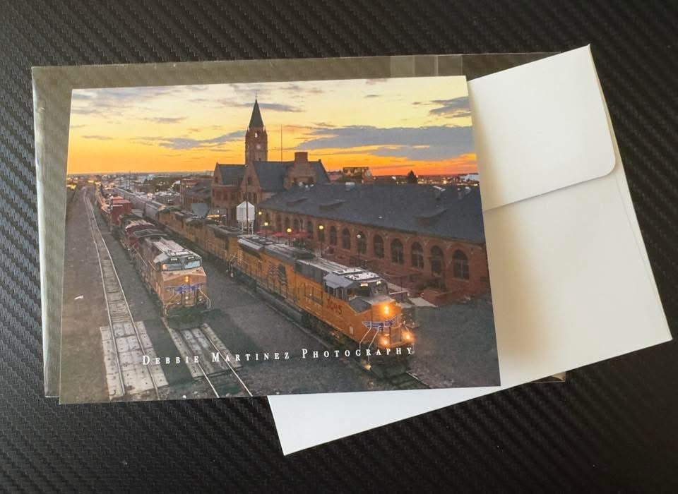 Cheyenne Depot with Trains at Sunset Notecard – Cheyenne, Wyoming