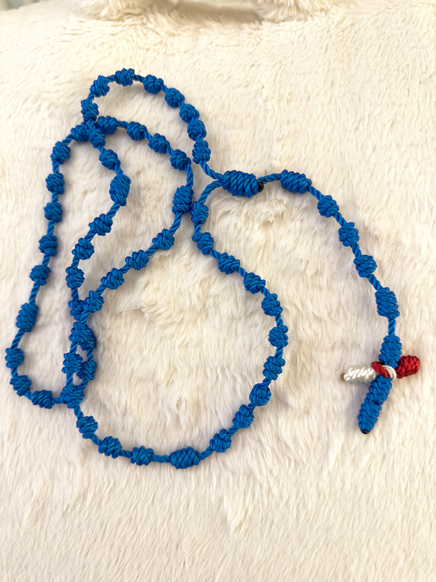 Blue Handmade Catholic Rope Rosary with Red & White Cross