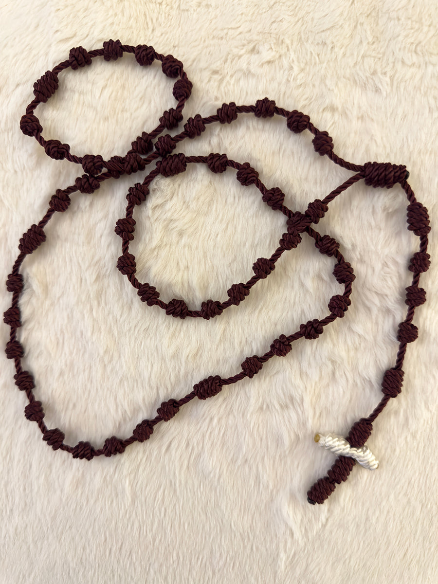 Dark Maroon Handmade Catholic Rope Rosary with White Cross