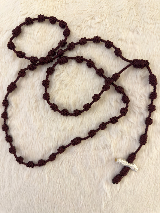 Dark Maroon Handmade Catholic Rope Rosary with White Cross