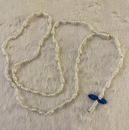 White Handmade Catholic Rope Rosary with Blue Cross