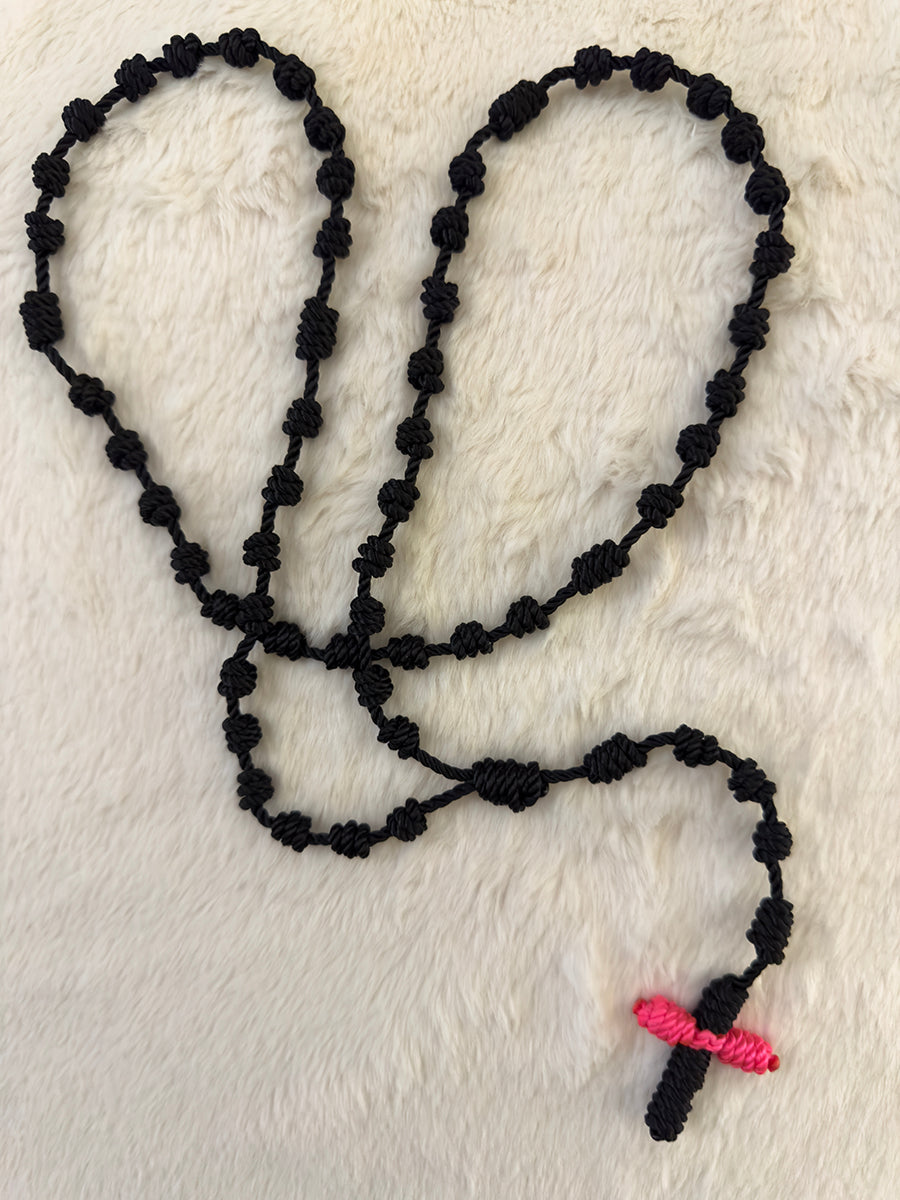 Black Handmade Catholic Rope Rosary with Hot Pink Cross