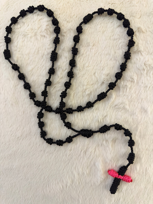 Black Handmade Catholic Rope Rosary with Hot Pink Cross