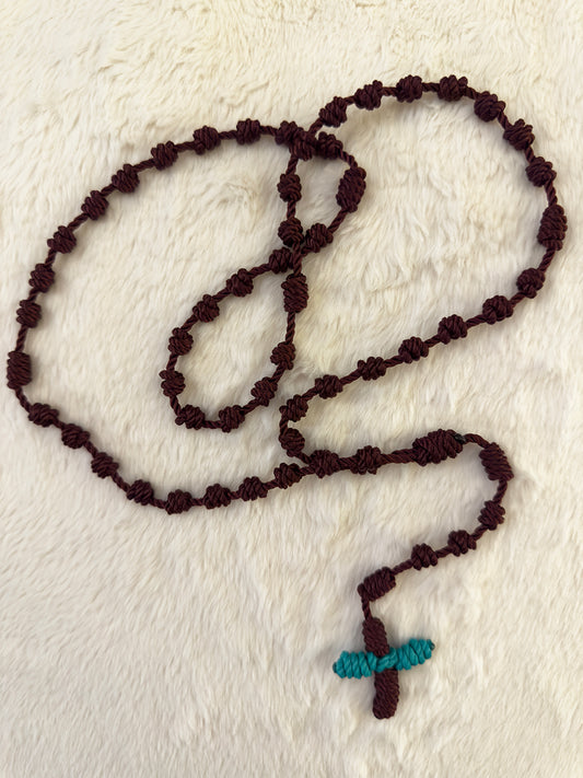 Dark Maroon Handmade Catholic Rope Rosary with Turquoise Cross