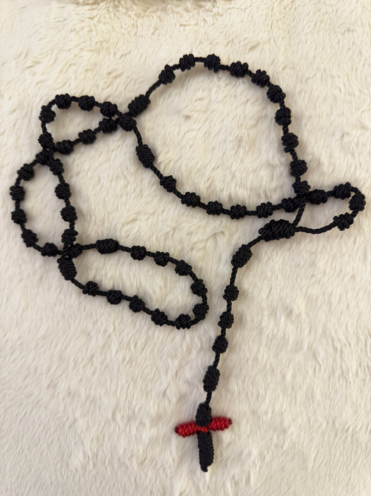 Black Handmade Catholic Rope Rosary with Red Cross